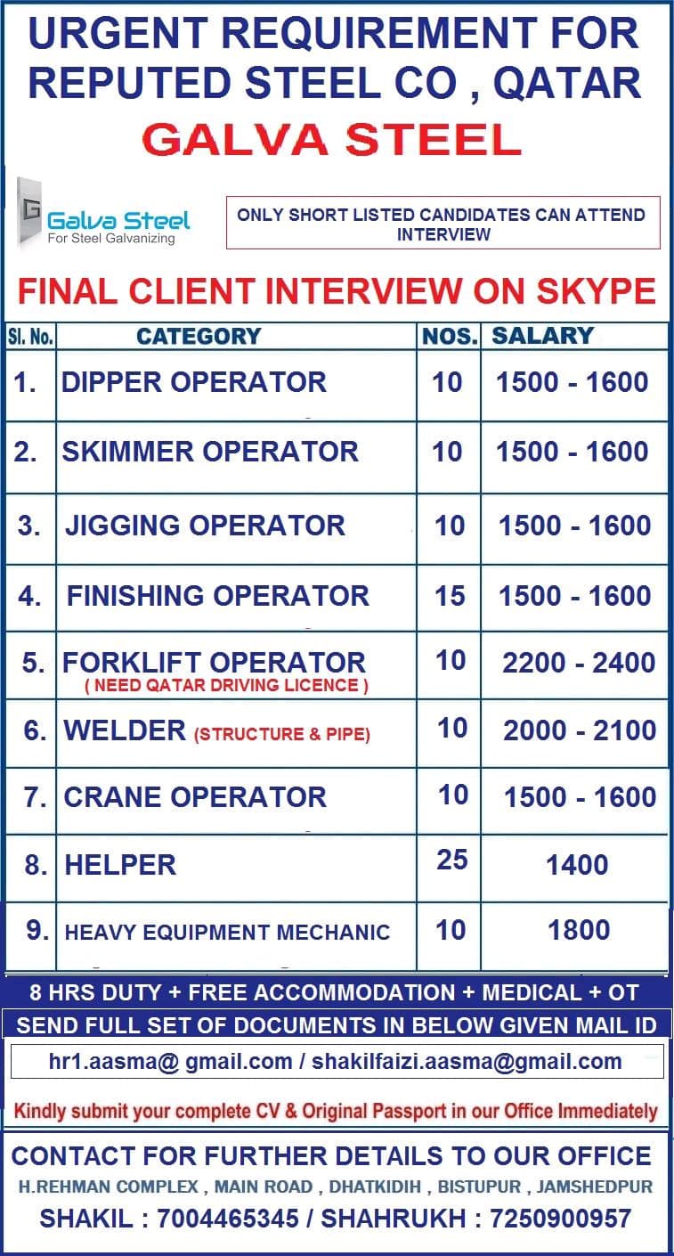 URGENT REQUIREMENT FOR REPUTED STEEL CO QATAR Jobs In Qatar