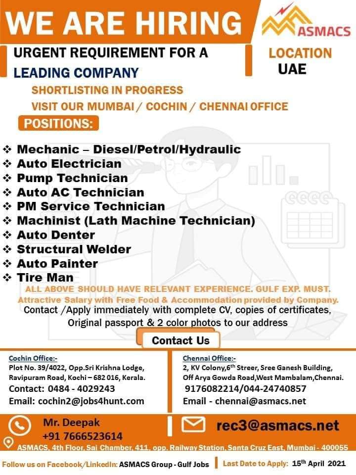 Urgent Requirement For Uae Jobs In Uae