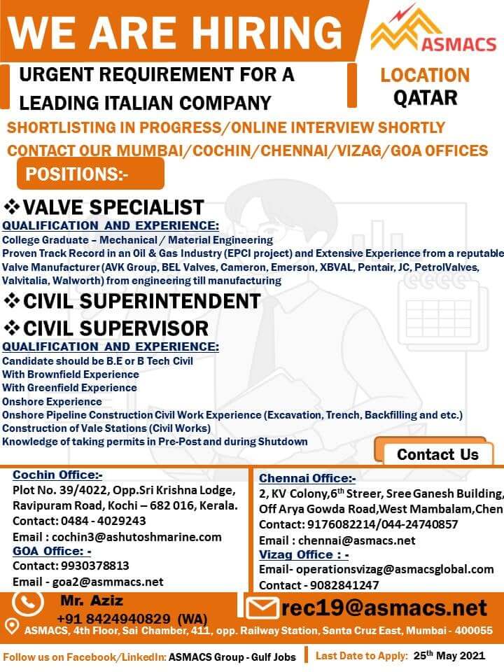 URGENT REQUIREMENT FOR QATAR Jobs In Qatar