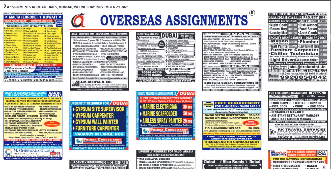 Assignment Abroad Times 29th Nov 2023 Gulf Jobs Today