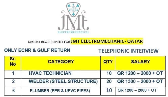 URGENT REQUIREMENT FOR JMT ELECTRO MECHANIC QATAR — Jobs