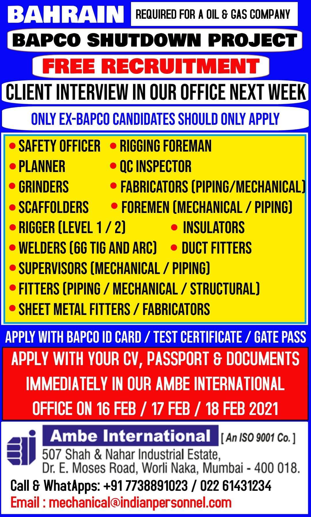 BAHRAIN REQUIRED FOR A OIL & Gas COMPANY — Jobs in Bahrain