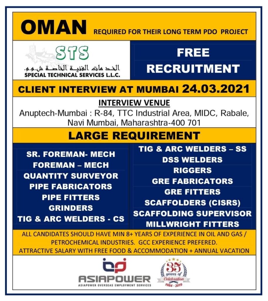 OMAN REQUIRED FOR THEIR LONG TERM PDO PROJECT — Jobs in Oman