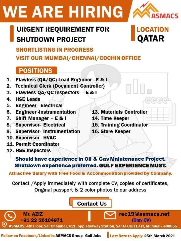 URGENT REQUIREMENT FOR QATAR — Jobs In Qatar