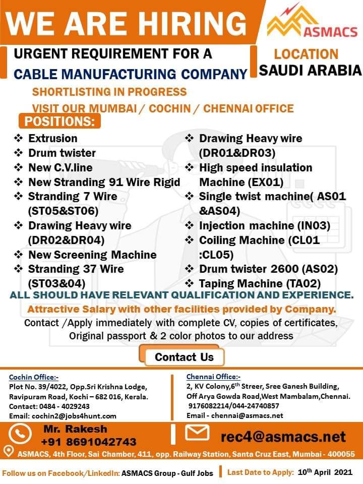 URGENT REQUIREMENT FOR SAUDI ARABIA — Jobs in Saudi Arabia