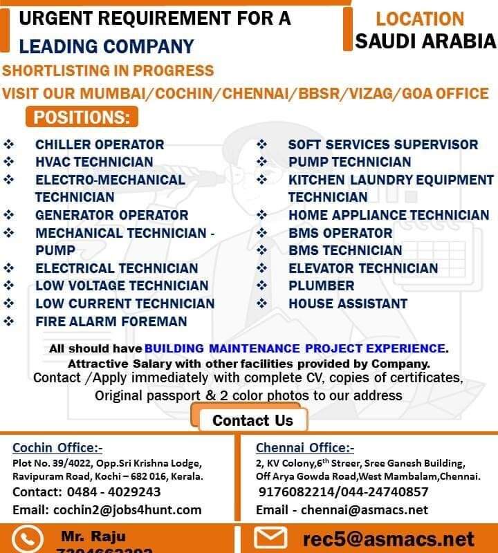 URGENT REQUIREMENT FOR SAUDI ARABIA — Jobs in Saudi Arabia