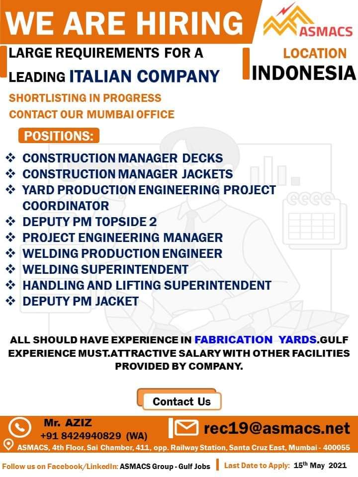 Urgent Required For Indonesia — Jobs In Indonesia