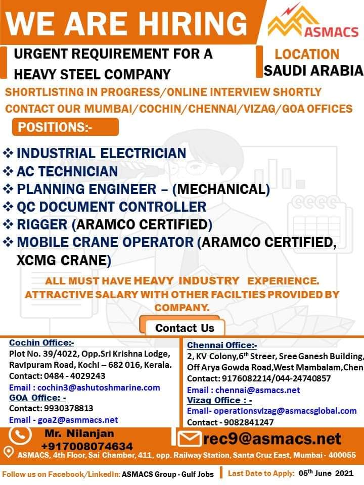 URGENT REQUIREMENT FOR SAUDI ARABIA — Jobs in Saudi Arabia