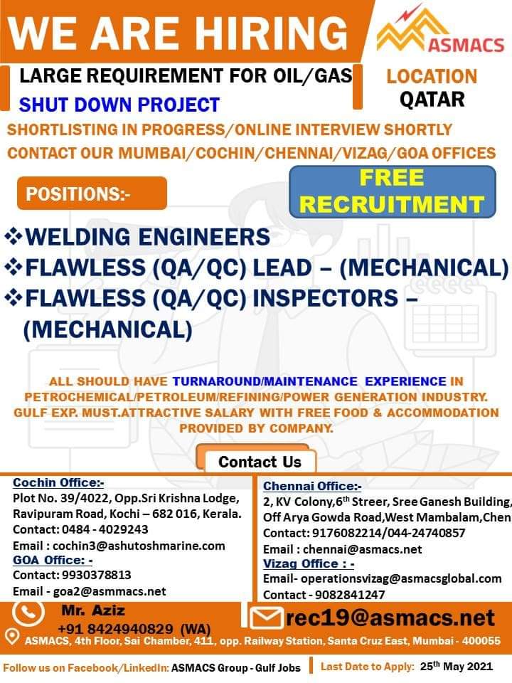 LARGE REQUIREMENT FOR OIL & GAS SHUT DOWN PROJECT QATAR — Jobs in Qatar