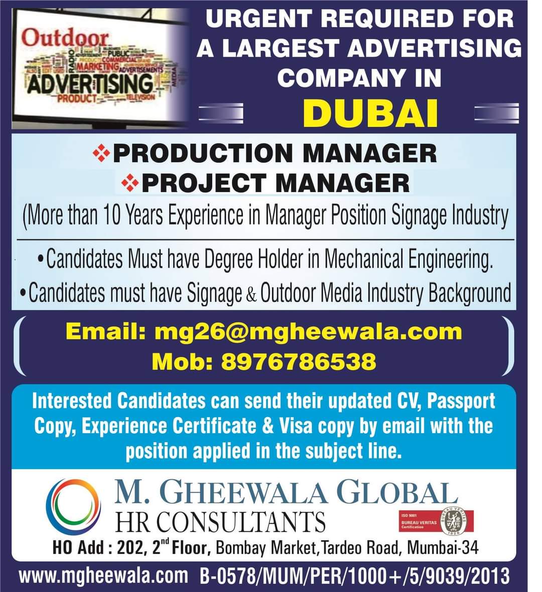 URGENT REQUIRED FOR DUBAI — Jobs In Dubai