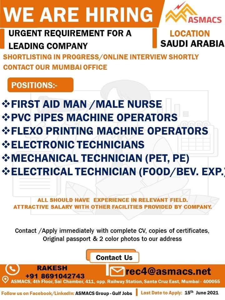 URGENT REQUIREMENT FOR SAUDI ARABIA — Jobs In Saudi Arabia