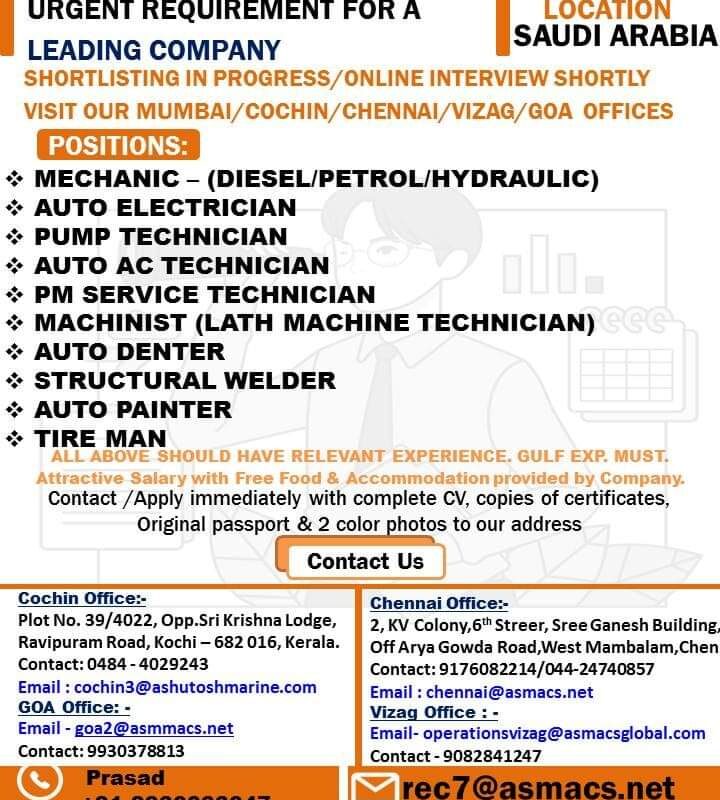 URGENT REQUIREMENT FOR SAUDI ARABIA — Jobs in Saudi Arabia