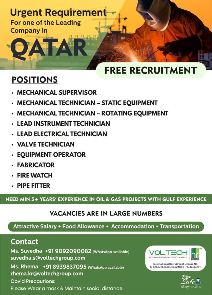 Urgent Requirement For One Of The Leading Company In QATAR — Jobs In Qatar