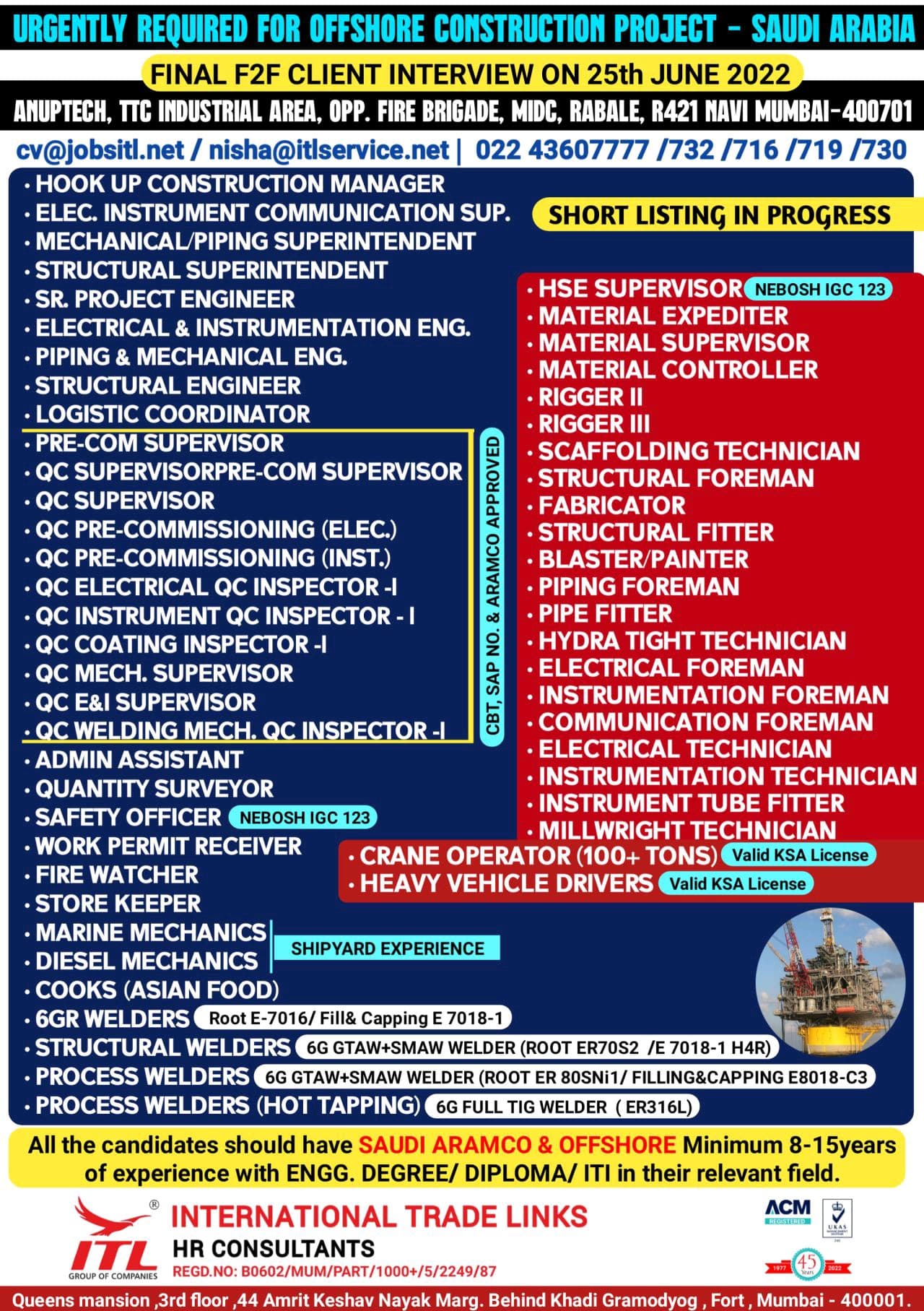 URGENTLY REQUIRED FOR OFFSHORE CONSTRUCTION PROJECT SAUDI ARABIA — Jobs in Saudi Arabia