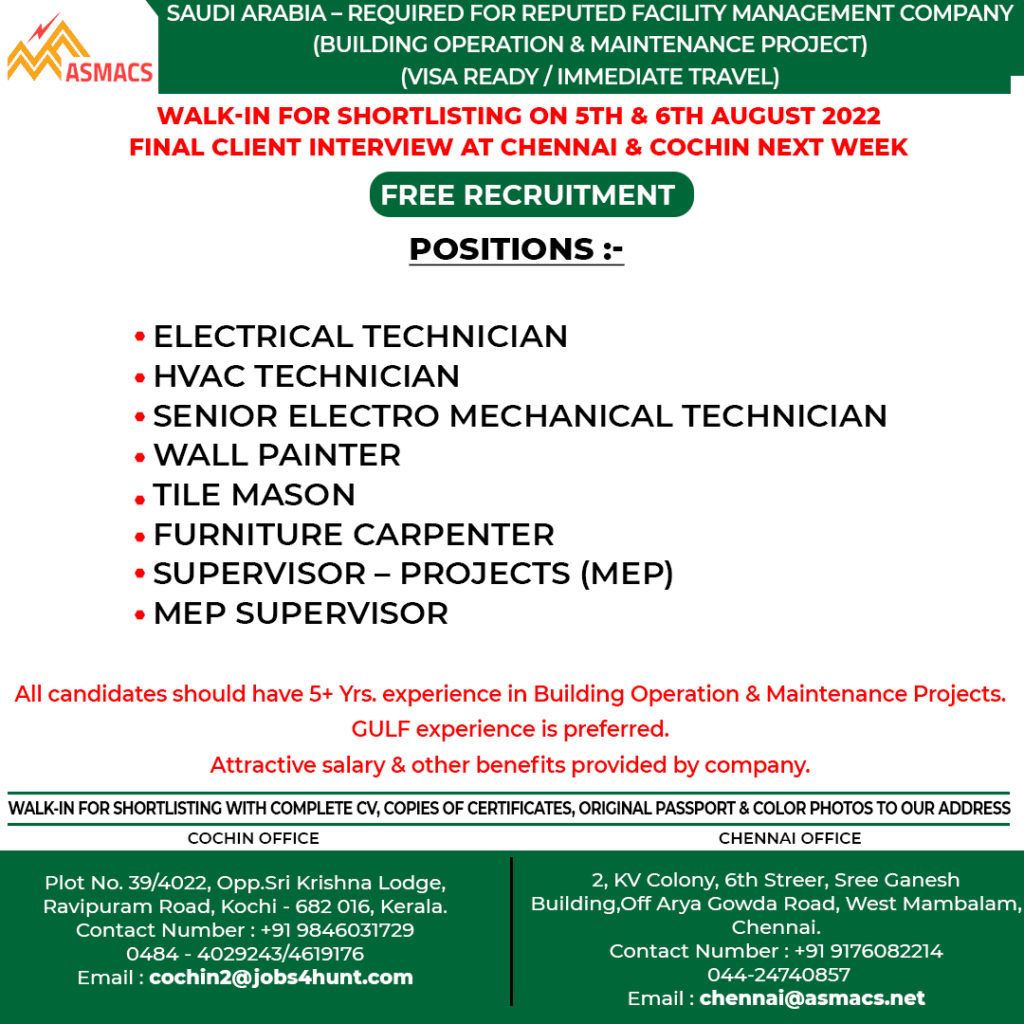 REQUIRED FOR REPUTED FACILITY MANAGEMENT COMPANY — Jobs in Saudi Arabia