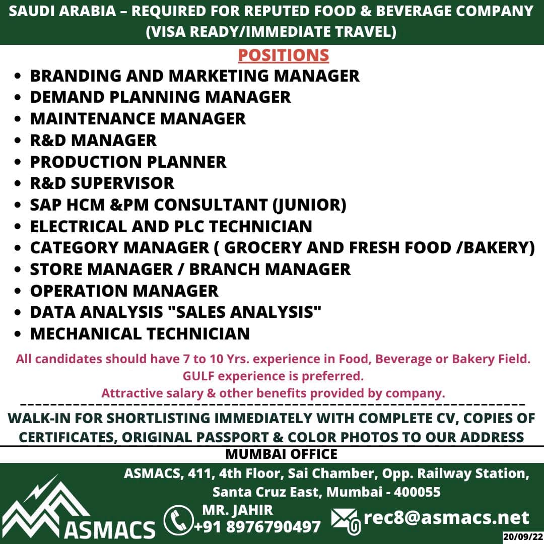 REQUIRED FOR REPUTED FOOD & BEVERAGE COMPANY SAUDI ARABIA — Jobs in ...