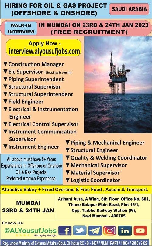 HIRING FOR OIL & GAS PROJECT (OFFSHORE & ONSHORE) — Jobs in Saudi Arabia