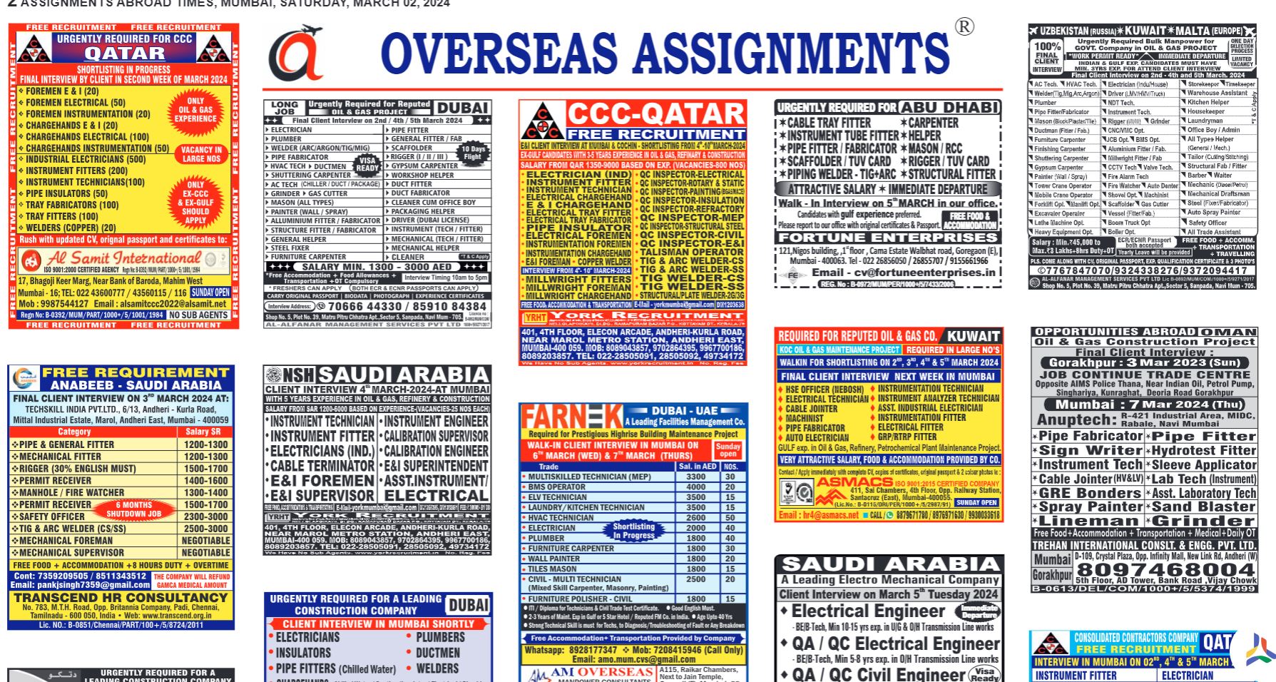 Assignment Abroad Times 02nd March 2024- Gulf Jobs Today